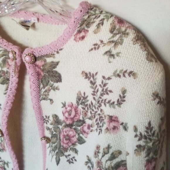 VINTAGE sieger wool granny cardigan sweater roses pink - Picture 7 of 14